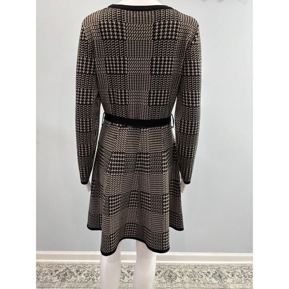 Max Studio Houndstooth Knit Dress Medium Long Sleeve Tie Waist A-Line - Picture 6 of 11